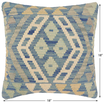 handmade Traditional Pillow Blue Beige Hand-Woven SQUARE 100% WOOL Hand woven turkish pillow2' x 2'